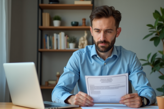 Homme en bleu avec document de voiture à domicile