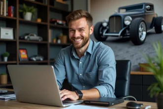 Homme souriant devant un ordinateur avec simulateur de pneus
