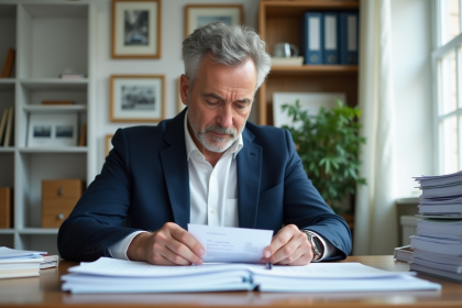 Homme d'âge moyen organisant documents de voiture dans un bureau lumineux