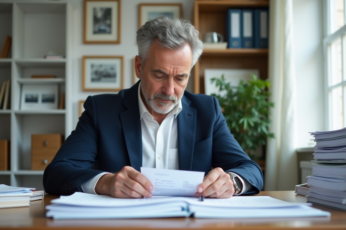 Homme d'âge moyen organisant documents de voiture dans un bureau lumineux