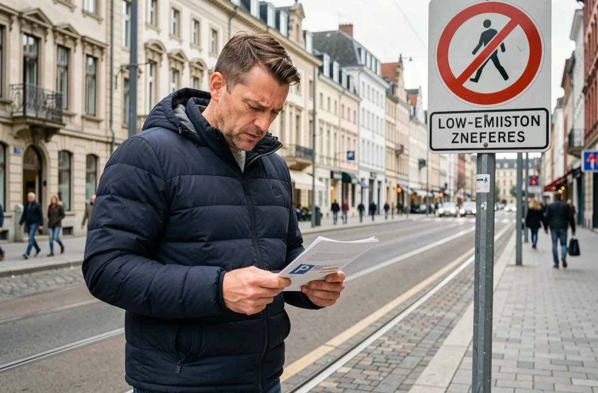 Homme consultant des documents devant un panneau de zone à faibles émissions à Bruxelles pour comprendre la vignette ou l'enregistrement gratuit