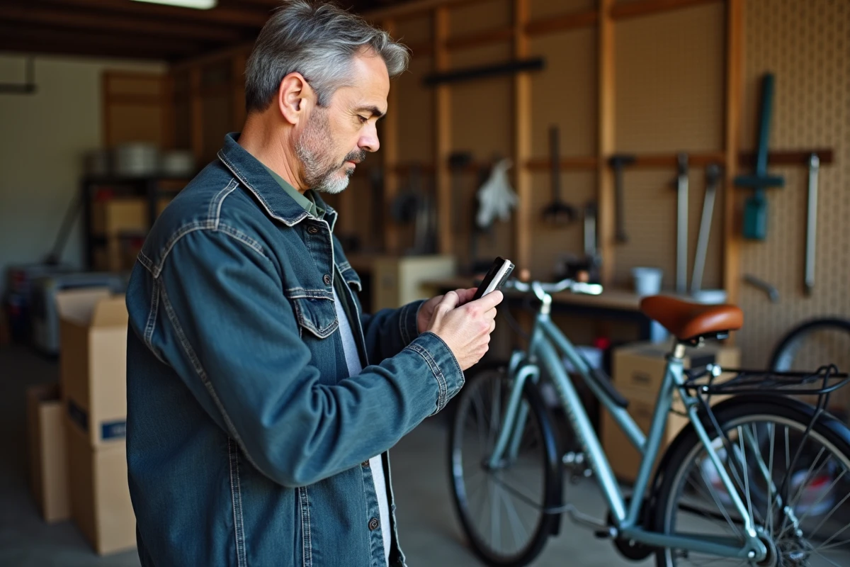 Homme photographiant un vélo d'occasion dans un garage pour optimiser une annonce Leboncoin payante