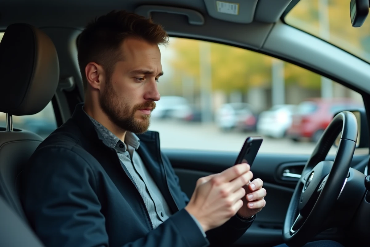 Homme en voiture révisant la théorie de conduite sur smartphone