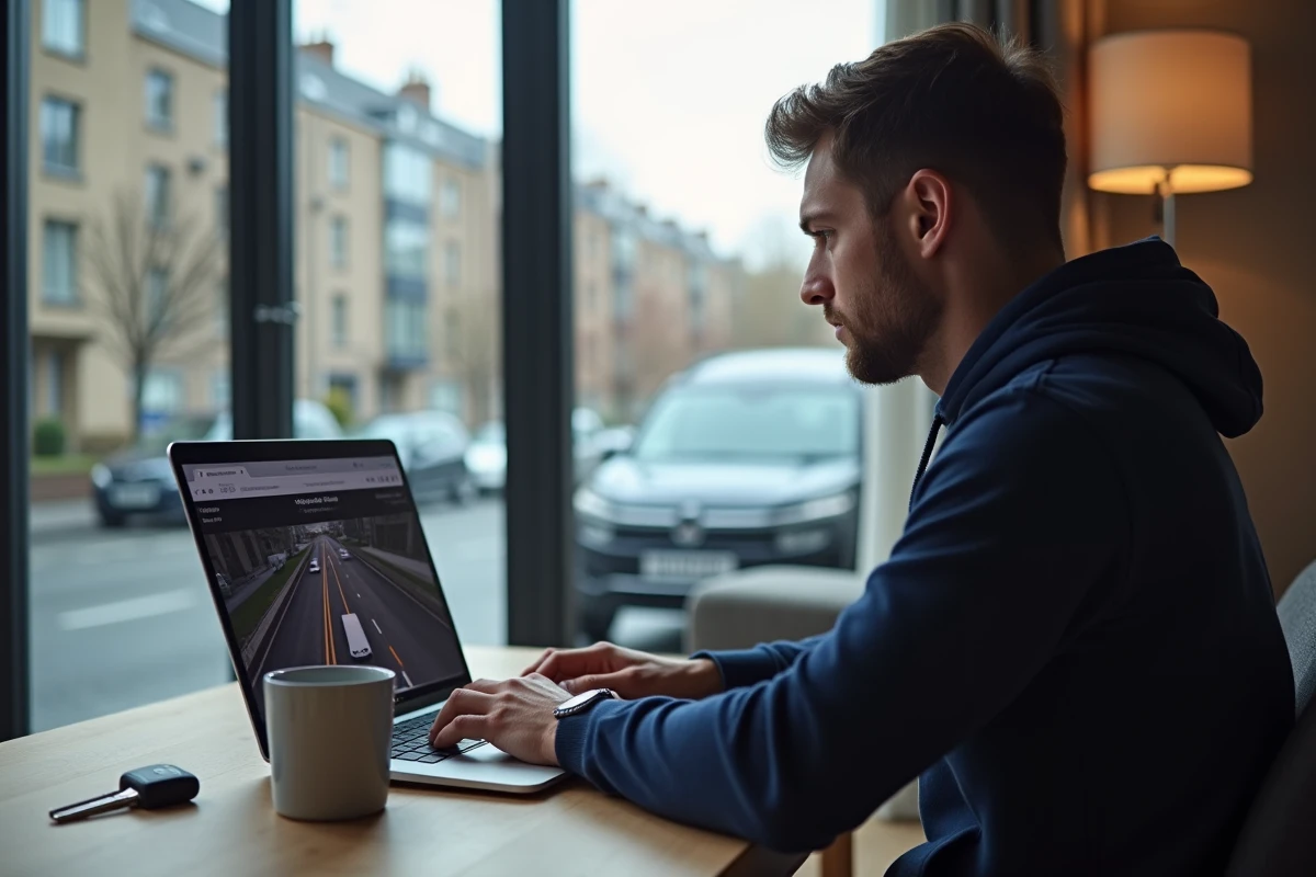 Homme préparant son code de la route sur un ordinateur portable à domicile avec un site de conduite en ville