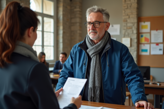 Homme français remettant son permis à une agente à un guichet