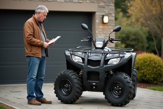 Homme d'âge moyen avec quad dans une allée résidentielle