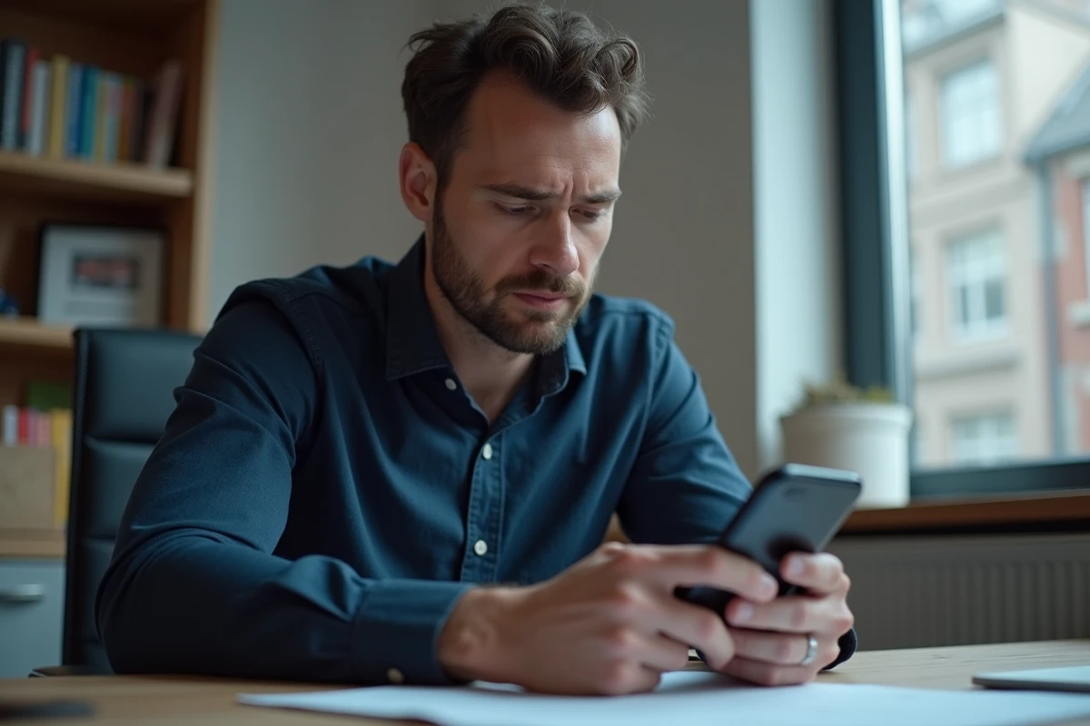 Homme concentré sur une application mobile de révision du code de la route depuis chez lui
