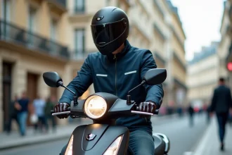 Homme équipé d'un casque intégral assis sur un scooter 3 roues dans une rue parisienne, illustrant le permis pour scooter 3 roues