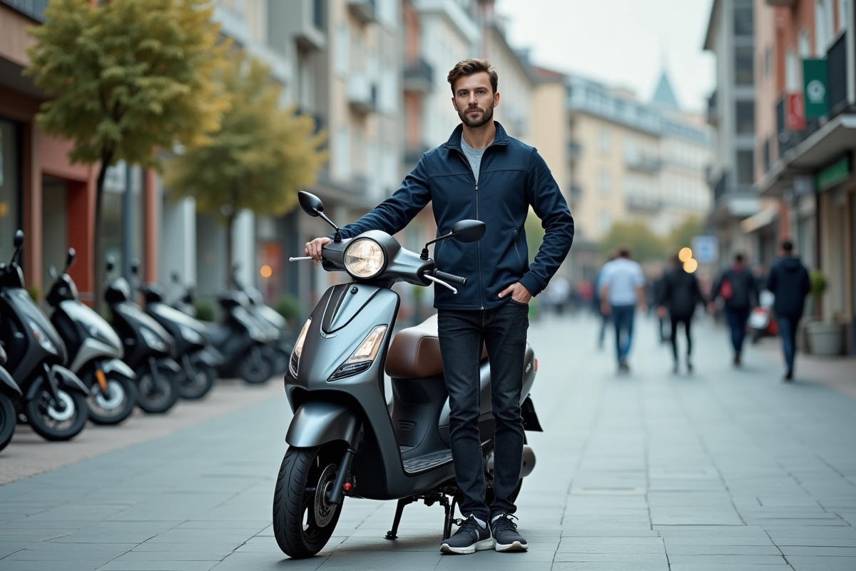 Homme en veste navy avec scooter en ville dynamique