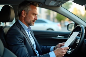 Homme d'affaires dans une voiture moderne vérifiant une police d'assurance