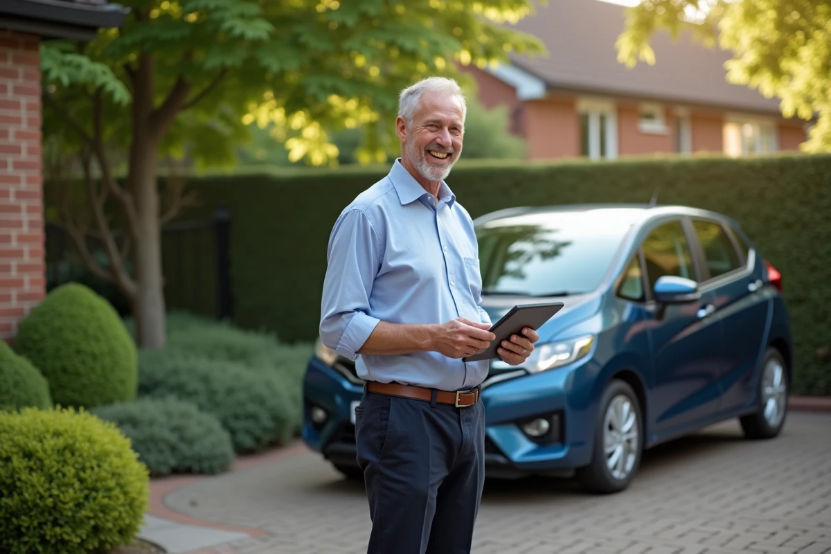 Homme souriant vérifiant une tablette près de sa voiture