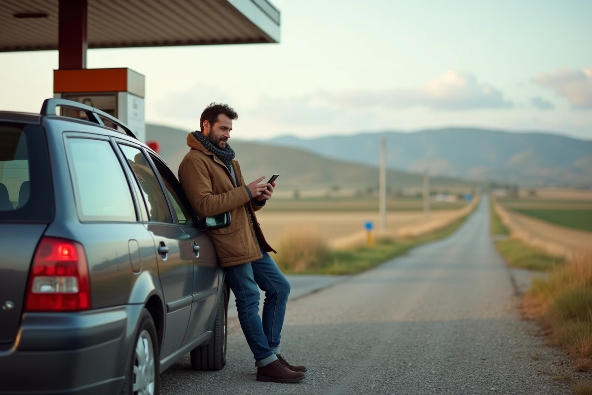 Homme en parka calcule ses dépenses devant sa voiture