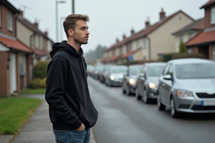 Homme en hoodie noir sur une rue résidentielle