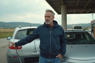 Homme d'âge moyen s'étirant près de sa voiture dans une station-service rurale