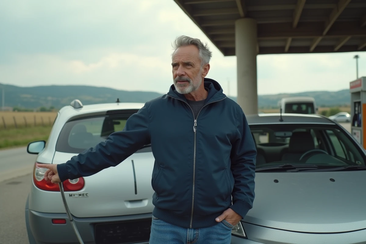 Homme d'âge moyen s'étirant près de sa voiture dans une station-service rurale
