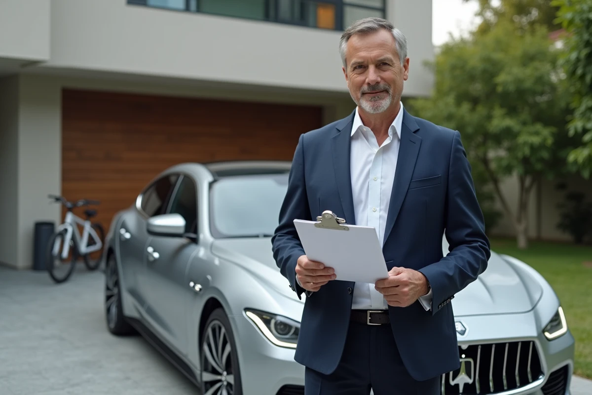 Homme en costume avec voiture de luxe en arrière-plan