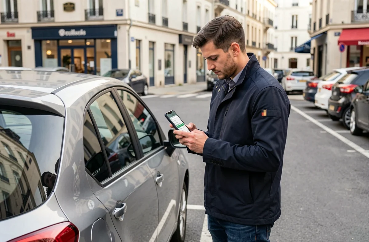 Jeune homme comparant les tarifs d'assurance auto sur smartphone devant sa voiture en ville