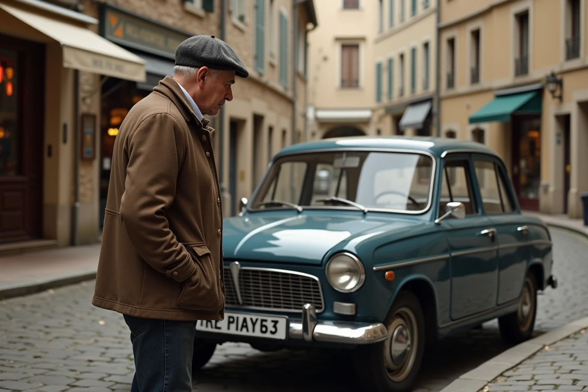 Homme avec beret et veste en laine près d'une Renault 12 dans un village