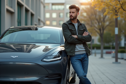 Homme en veste casual posant près d'une voiture électrique en ville