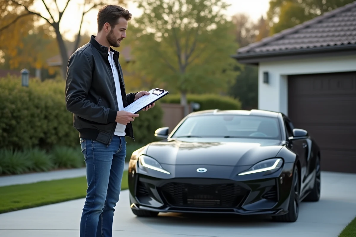 Homme avec voiture de sport et documents de réparation