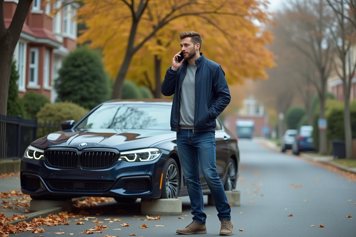 Homme inquiet à côté de sa voiture sans roues dans la rue