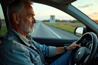 Homme pensif dans sa voiture au stop de route