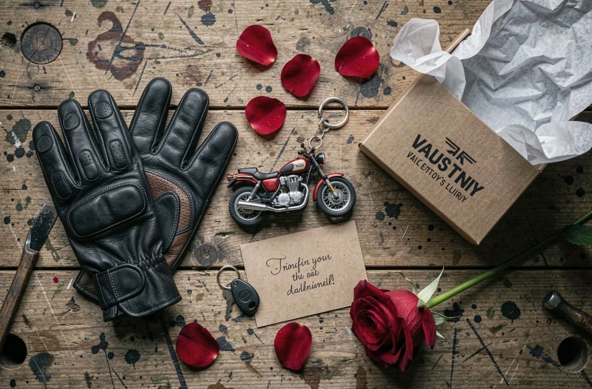 Idées cadeaux moto pour homme à la Saint-Valentin disposées en flat lay sur un établi en bois rustique avec gants, porte-clés moto et rose rouge