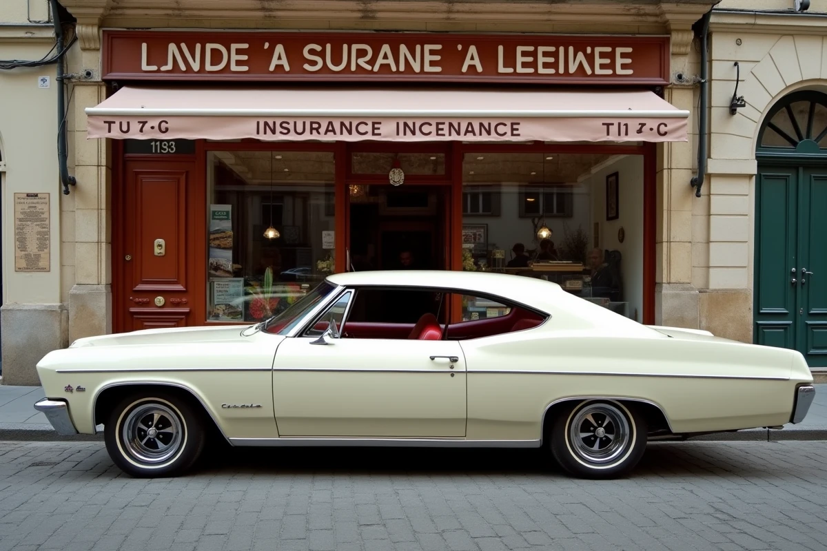 Impala 1967 blanche devant une agence d'assurance française aux façades en pierre