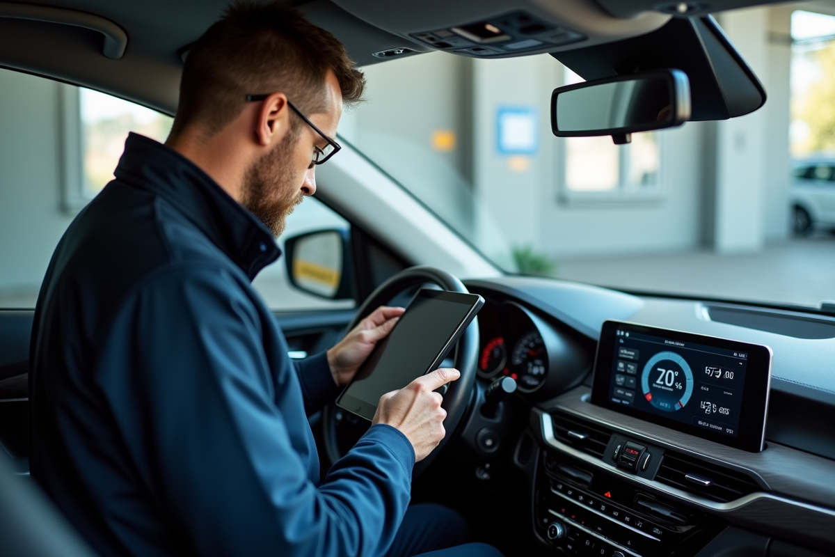 Inspecteur automobile utilisant une tablette dans un garage moderne