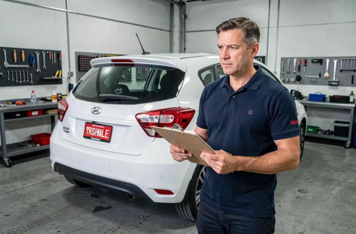 Inspecteur automobile examinant une voiture d'occasion avec une plaque rouge temporaire dans un garage de contrôle