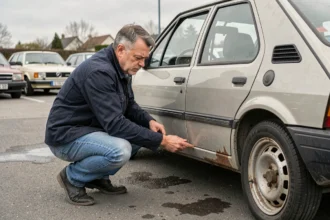 Homme inspectant la carrosserie d'un youngtimer dans un lot de voitures d'occasion pour repérer une bonne affaire automobile