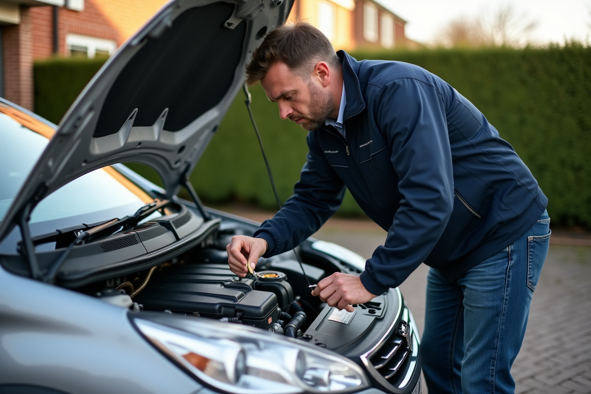 Homme inspectant le moteur d'une Peugeot en extérieur