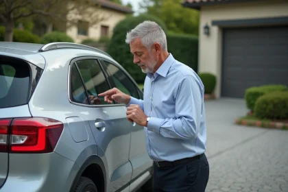 Homme inspectant une voiture avec une bosse et une rayure