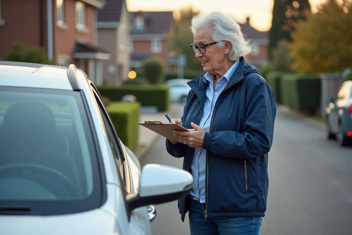 Femme inspectant une voiture d'occasion dans une rue résidentielle