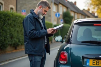 Homme inspectant une plaque ukrainienne sur une voiture dans un quartier français