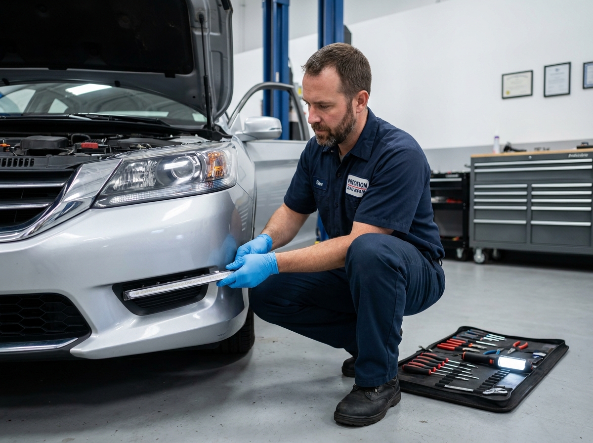 Technicien automobile installant des feux diurnes LED sur une voiture en atelier