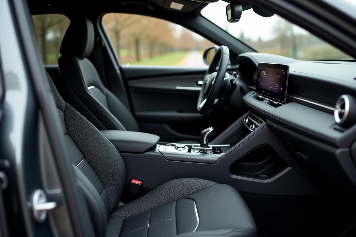 Intérieur de voiture assorti au Gris Rafale avec sièges en tissu anthracite et finitions aluminium brossé sur tableau de bord