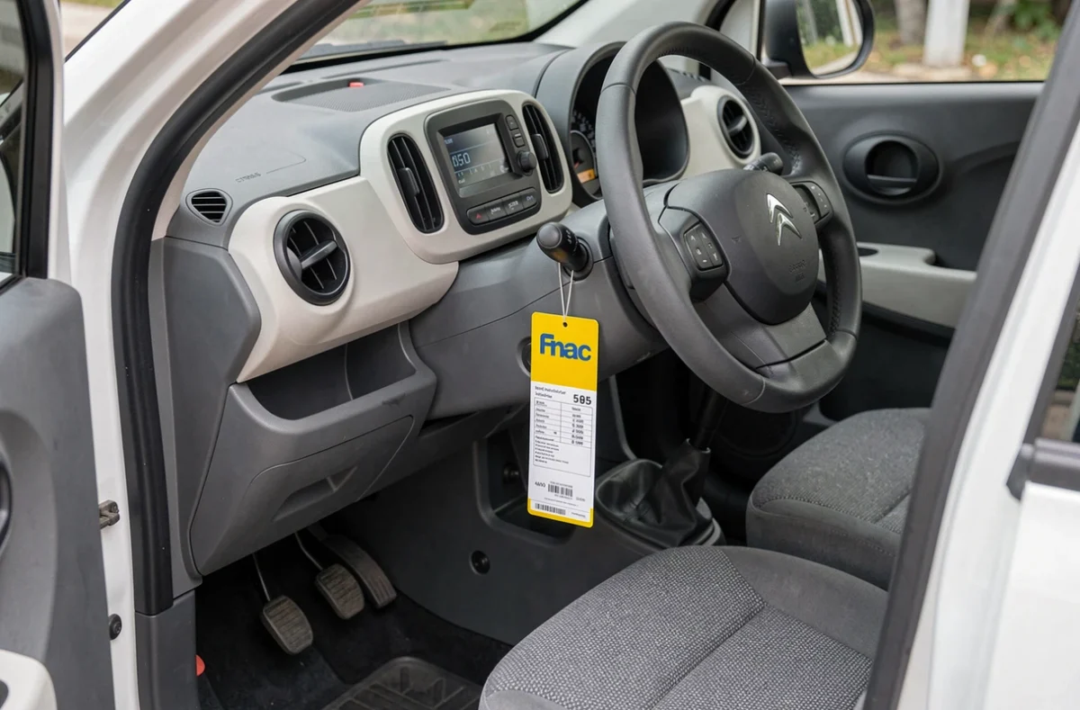 Intérieur minimaliste de la Citroën Ami avec étiquette de prix Fnac sur la colonne de direction