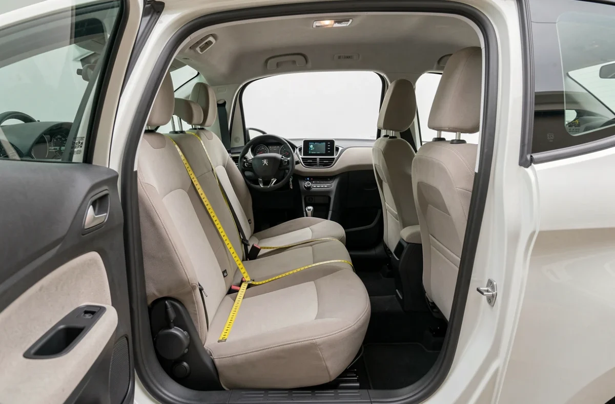 Intérieur de la Peugeot 208 avec un mètre ruban montrant l'espace aux jambes et le volume de l'habitacle