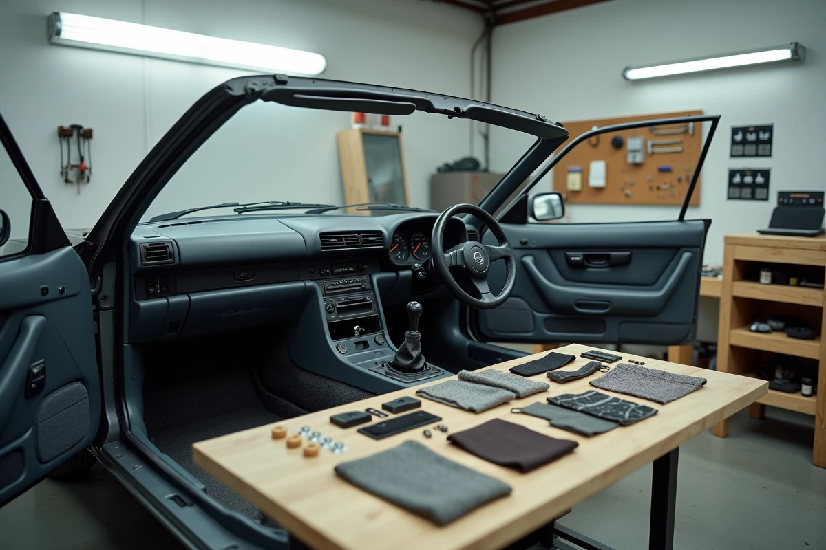 Pièces d'intérieur d'origine d'une Nissan S14a Silvia disposées sur un établi lors d'une restauration complète respectant les spécifications d'usine