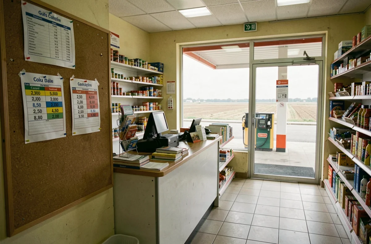 Intérieur d'une petite station-service rurale avec affichage des prix du carburant en zone campagne