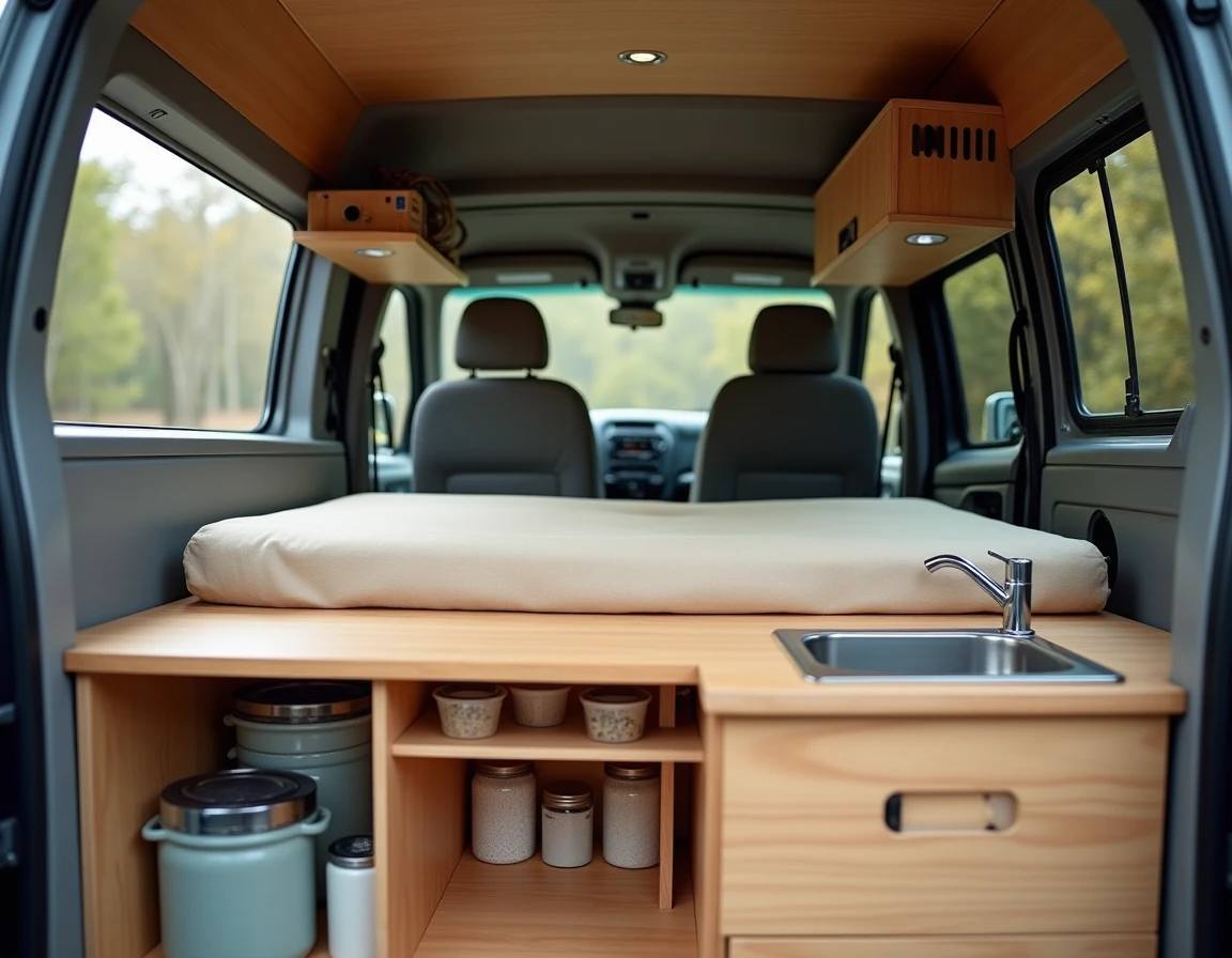 Intérieur aménagé d'un van Dacia avec lit en bois, cuisine compacte et rangements, vue depuis les portes arrière