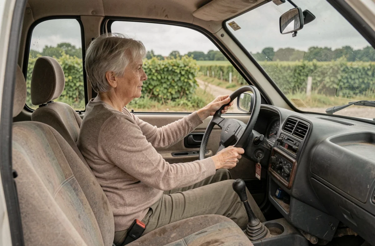 Femme âgée testant les commandes d'une voiturette sans permis d'occasion dans le Calvados