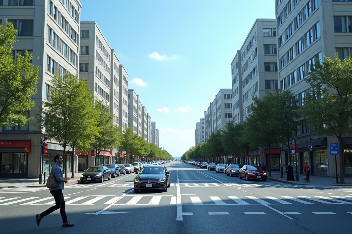 Croisement urbain animé avec piéton et voitures en ville