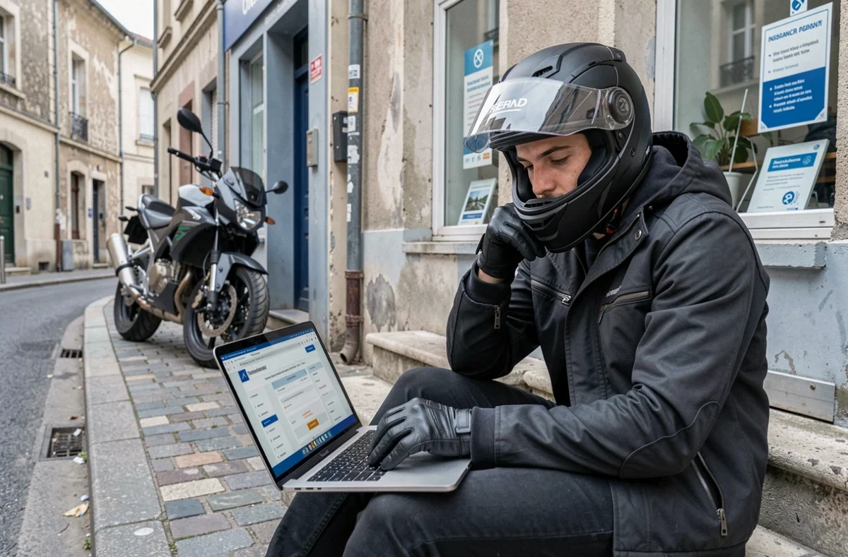 Jeune conducteur de moto devant une agence d'assurance consultant un comparateur en ligne sur un ordinateur portable