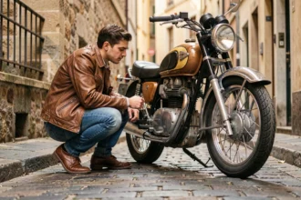 Jeune conducteur en veste de cuir inspectant une moto de collection vintage sur des pavés
