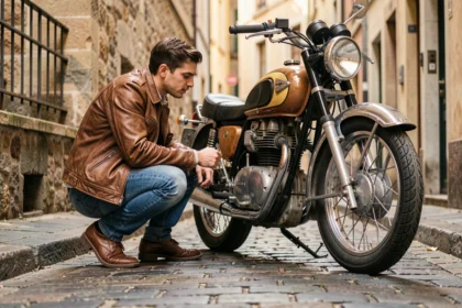 Jeune conducteur en veste de cuir inspectant une moto de collection vintage sur des pavés