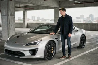 Jeune conducteur masculin appuyé sur une voiture de sport de 200 chevaux dans un parking urbain, expression préoccupée, illustrant les défis de l'assurance auto pour jeunes conducteurs