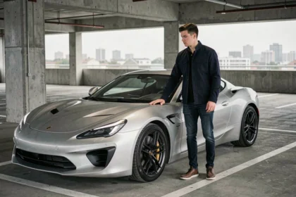 Jeune conducteur masculin appuyé sur une voiture de sport de 200 chevaux dans un parking urbain, expression préoccupée, illustrant les défis de l'assurance auto pour jeunes conducteurs