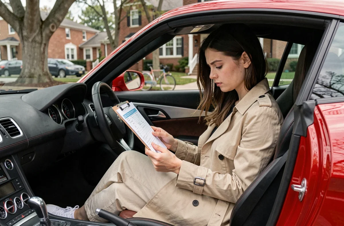 Jeune femme conductrice assise dans une voiture sportive rouge en train de consulter des documents d'assurance automobile, illustrant la souscription d'une assurance pour jeune conducteur